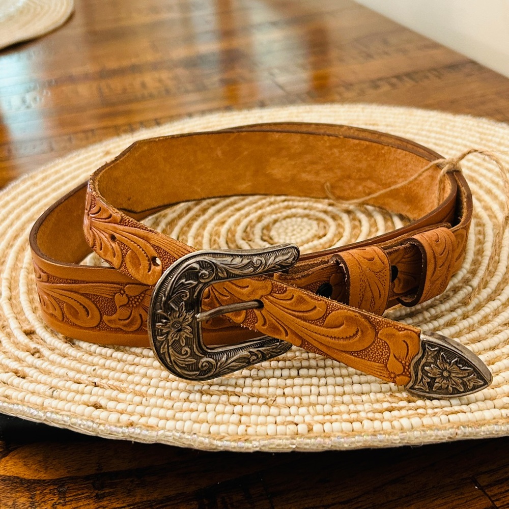 Tooled Leather Western Belt with Floral Buckle - Cognac